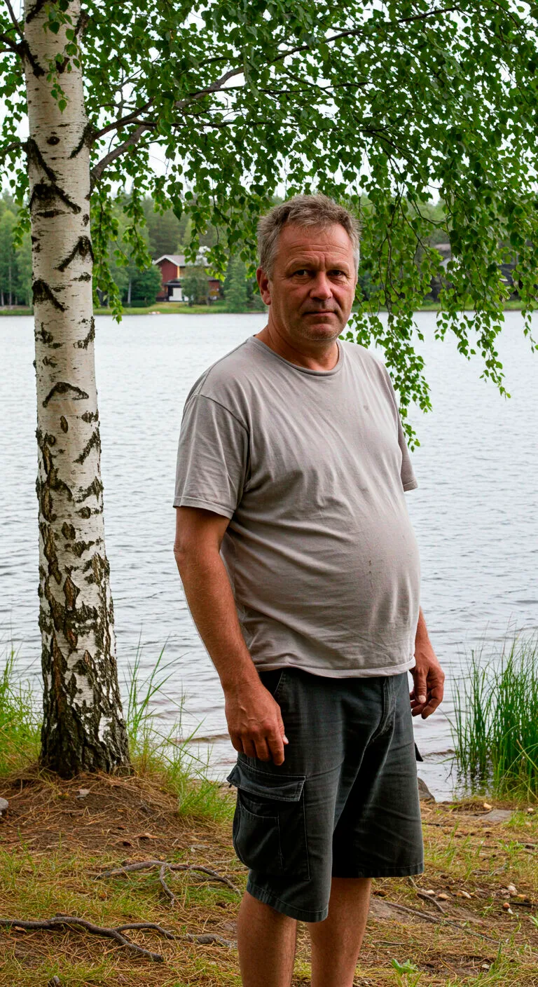 Keski-ikäinen mies seisoo järven rannalla koivun vieressä, katsoo kameraan vakavana.