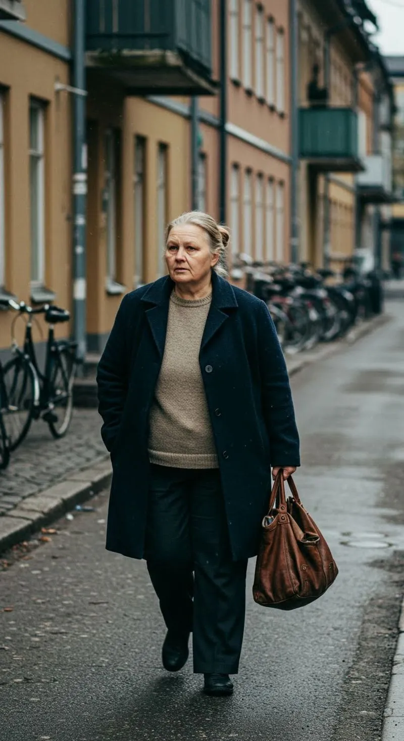 Vanhempi nainen kävelee kadulla, pukeutuneena tummiin vaatteisiin ja kantaen käsilaukkua, taustalla kaupunkimaisema ja polkupyöriä.