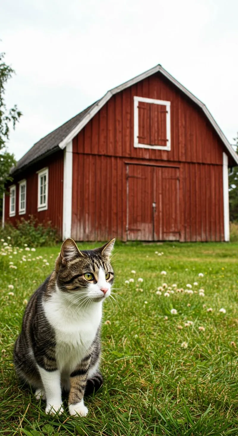 Punainen lato vihreällä niityllä, etualalla istuu kissa katsellen ympäristöään.